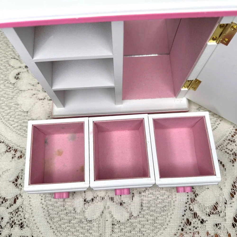 Vintage Wooden Jewelry Box Armoire White Pink Heart Knobs Teddy Bear Carousel